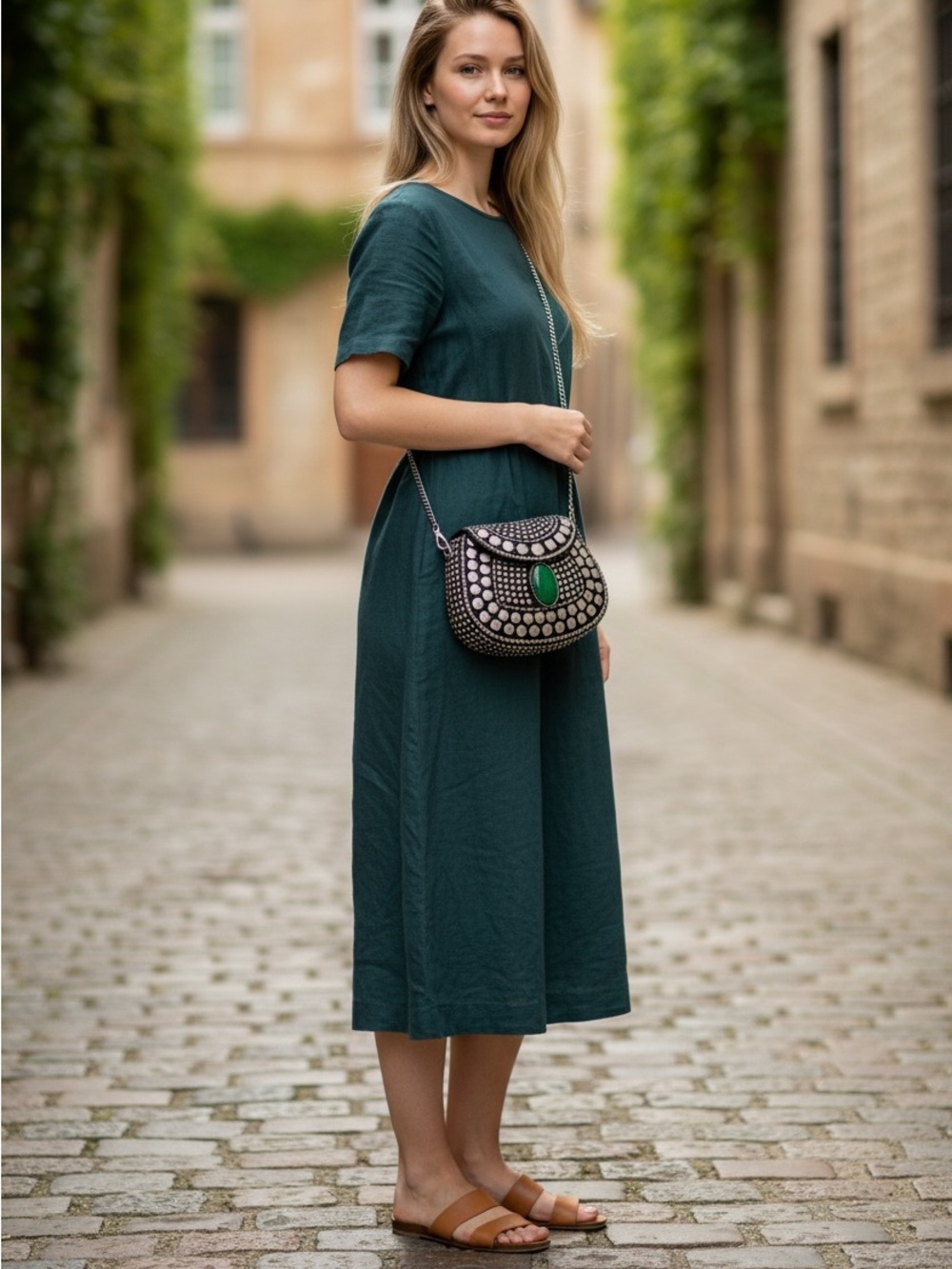 RAMLA Porte Moi Mosaic Moroccan Crossbody Clutch Silver Studded Green Stone NIP - Picture 2 of 11